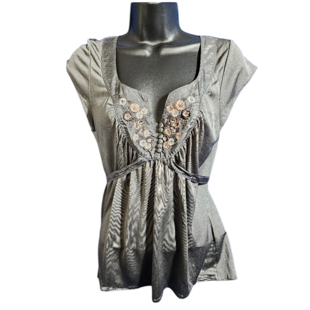 Y2K Ted Baker Silk Gray Embroidered Floral Tie Back Blouse Small